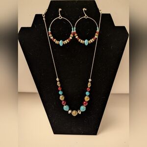 Retro Turquoise Beaded Silver Necklace and Earring Set